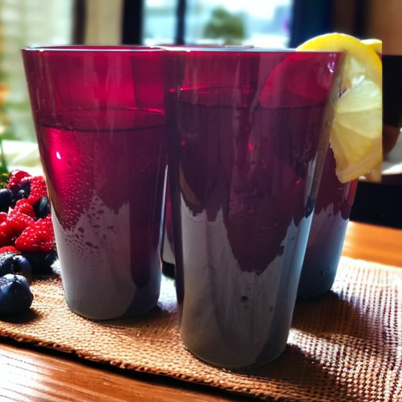 Ruby Red Highball Cocktails Glasses Set of-4 MCM Beverage Tumblers - Picture 6 of 9